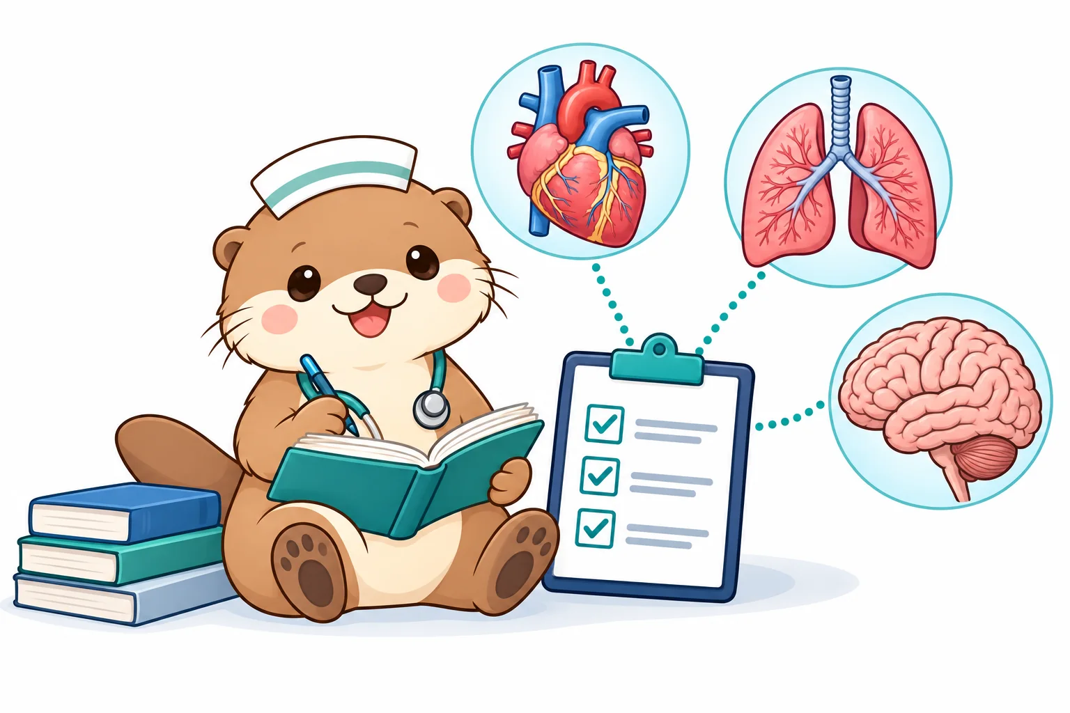 KaoKao the otter nurse studies heart, lung, and brain models beside a checklist.